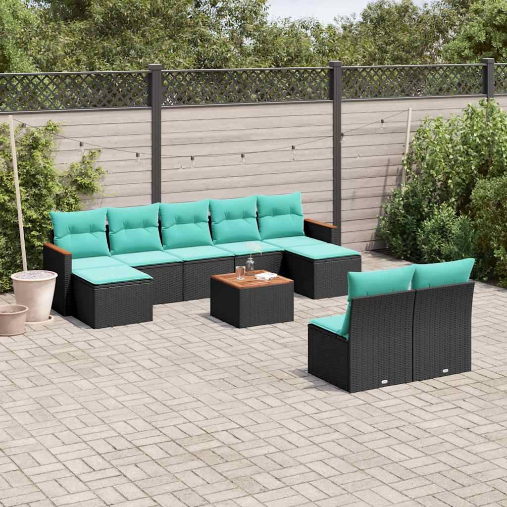 vidaXL 10-teiliges Gartensofa-Set mit Kissen, schwarzes Polyrattan