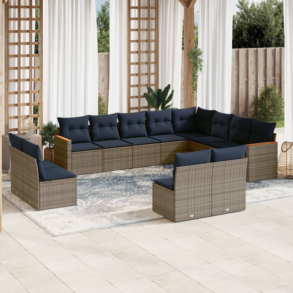 vidaXL 12-teiliges Gartensofa-Set mit Kissen, grau, Polyrattan