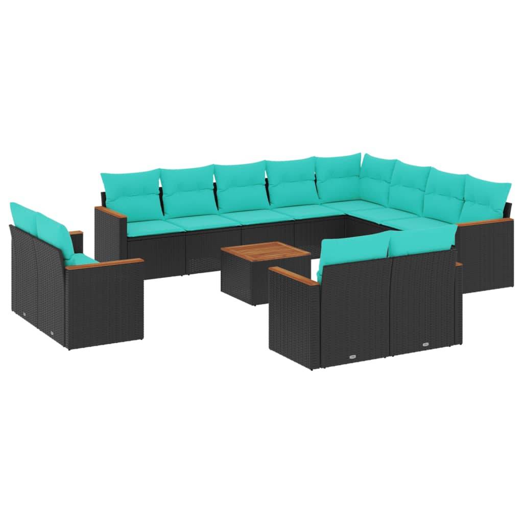 vidaXL 13-teiliges Gartensofa-Set mit Kissen, schwarzes Polyrattan