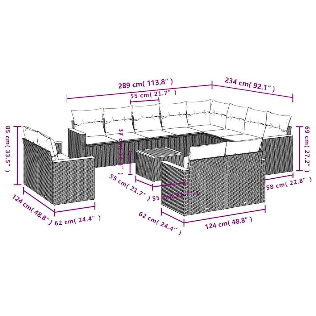 vidaXL 13-teiliges Gartensofa-Set mit Kissen, schwarzes Polyrattan