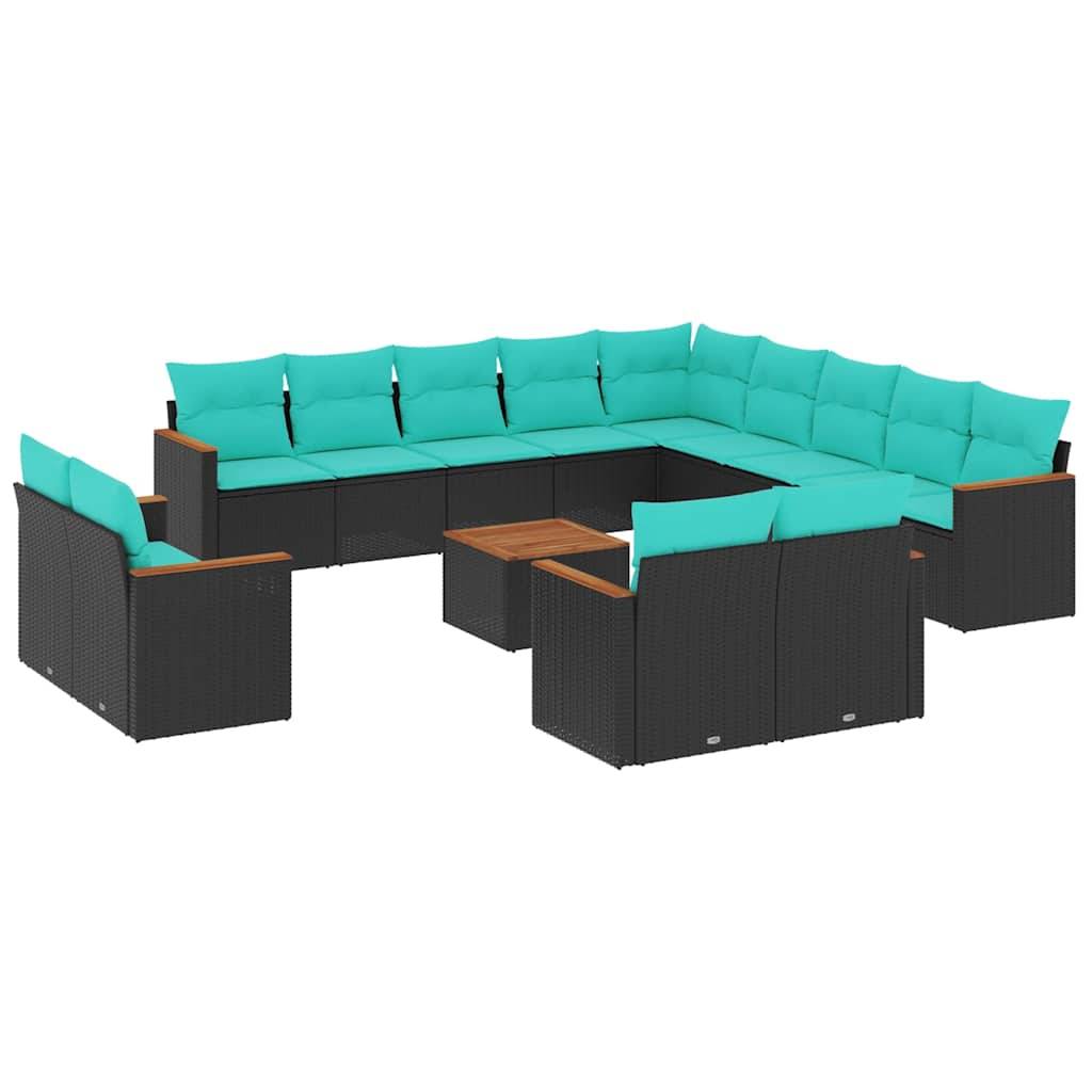 vidaXL 14-teiliges Gartensofa-Set mit Kissen, schwarzes Polyrattan