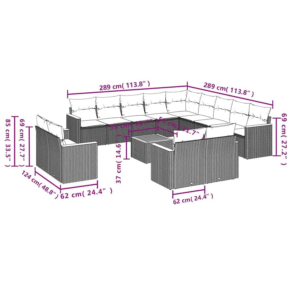 vidaXL 14-teiliges Gartensofa-Set mit Kissen, schwarzes Polyrattan