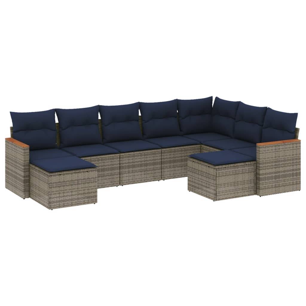 vidaXL 9-teiliges Gartensofa-Set mit Kissen, grau, Polyrattan