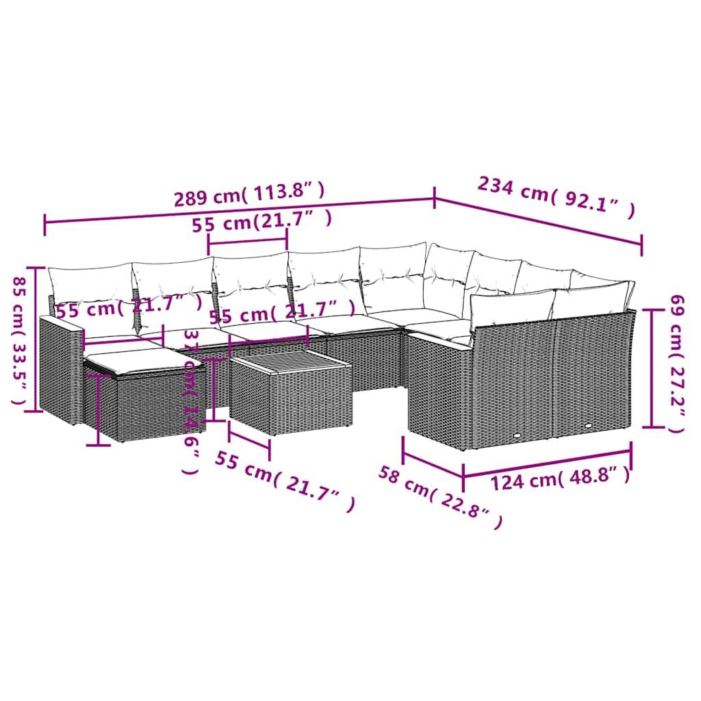 vidaXL 11-teiliges Gartensofa-Set mit Kissen, grau, Polyrattan