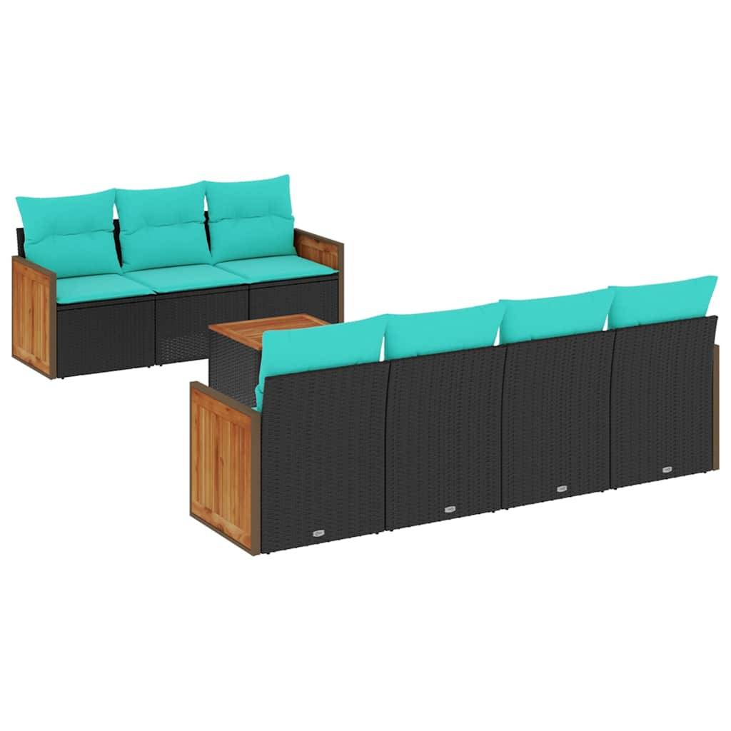 vidaXL 8-teiliges Gartensofa-Set mit Kissen, schwarzes Polyrattan