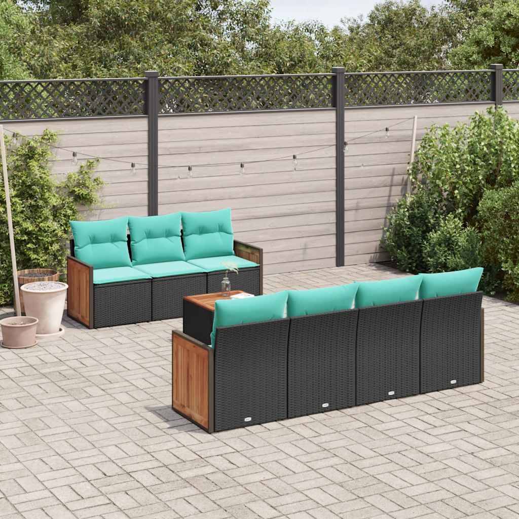 vidaXL 8-teiliges Gartensofa-Set mit Kissen, schwarzes Polyrattan
