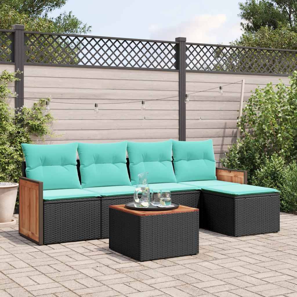 vidaXL 6-teiliges Gartensofa-Set mit Kissen, schwarzes Polyrattan