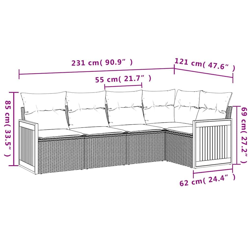 vidaXL 5-teiliges Gartensofa-Set mit Kissen, schwarzes Polyrattan