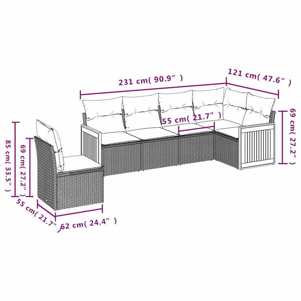 vidaXL 6-teiliges Gartensofa-Set mit Kissen, grau, Polyrattan
