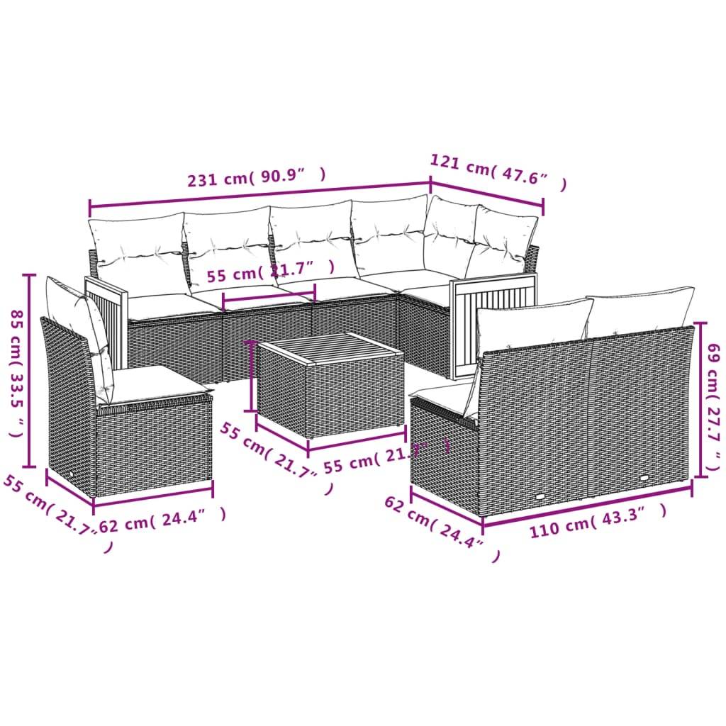 vidaXL 9-teiliges Gartensofa-Set mit Kissen, grau, Polyrattan