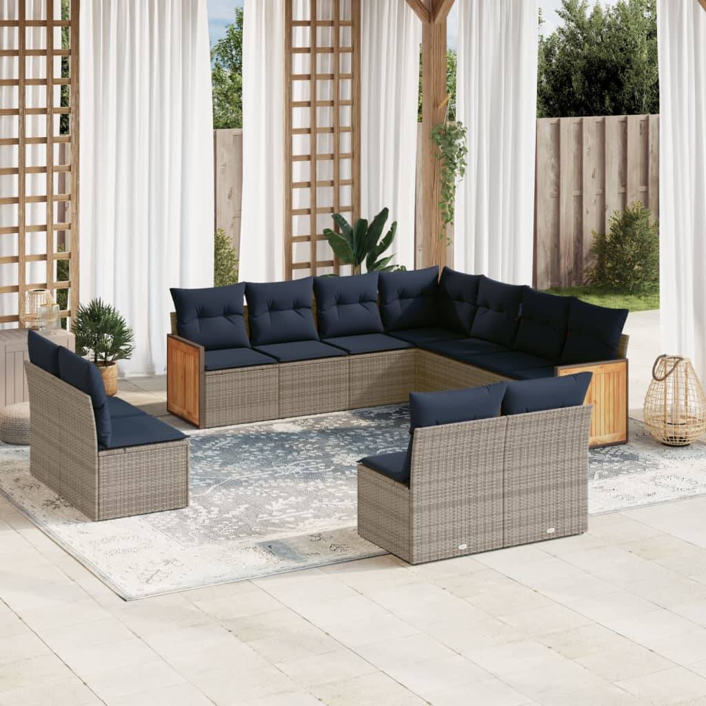 vidaXL 11-teiliges Gartensofa-Set mit Kissen, grau, Polyrattan