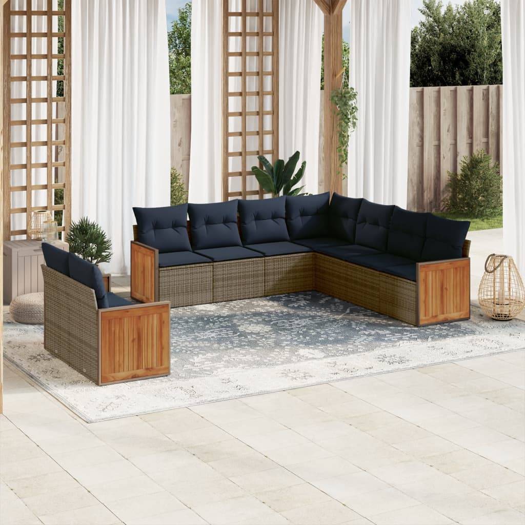 vidaXL 9-teiliges Gartensofa-Set mit Kissen, grau, Polyrattan
