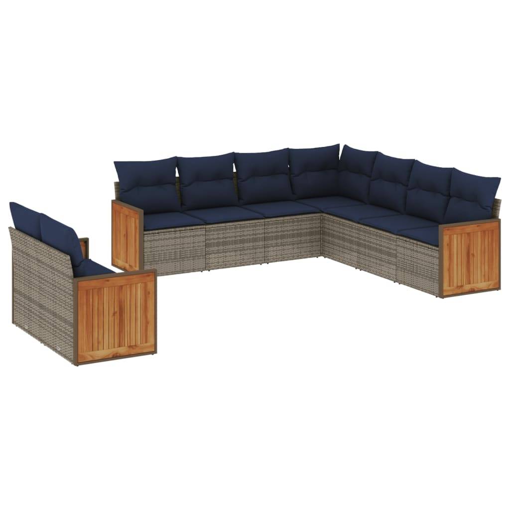 vidaXL 9-teiliges Gartensofa-Set mit Kissen, grau, Polyrattan