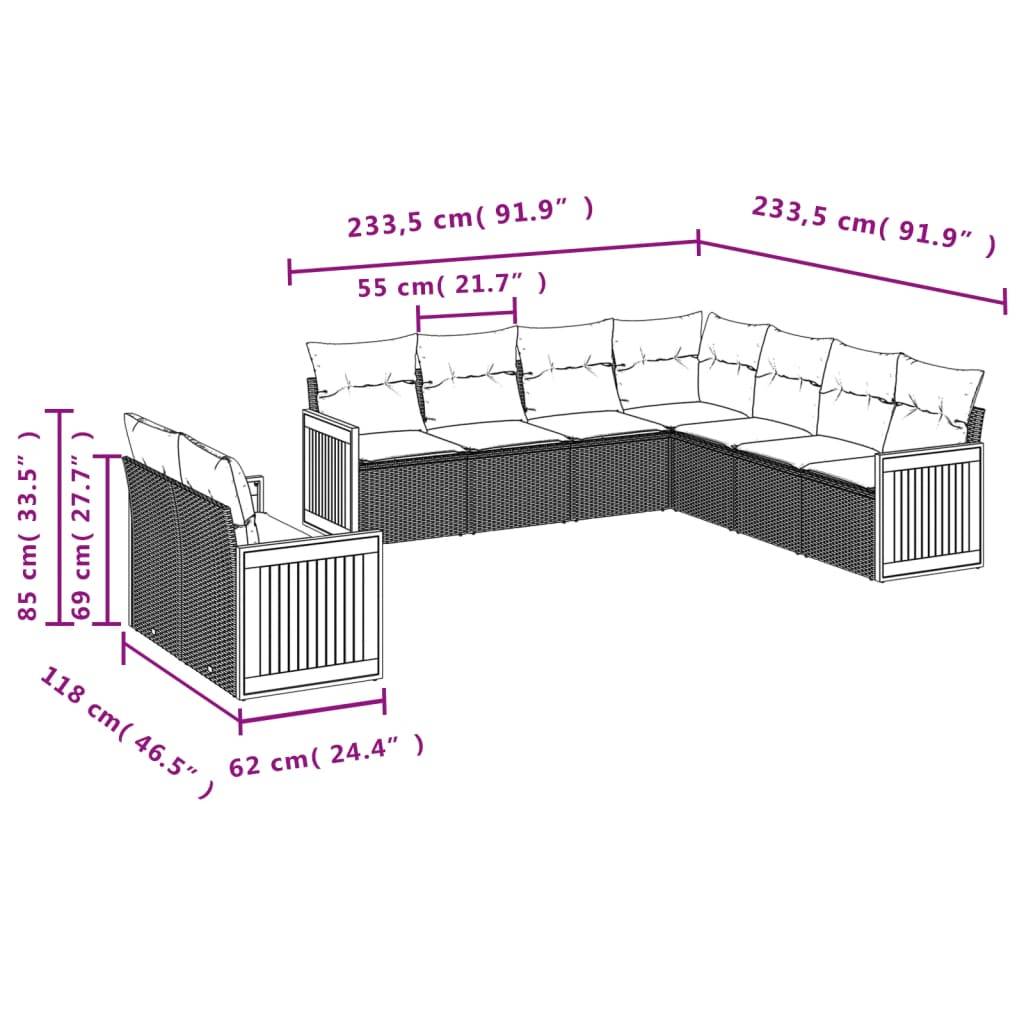 vidaXL 9-teiliges Gartensofa-Set mit Kissen, grau, Polyrattan