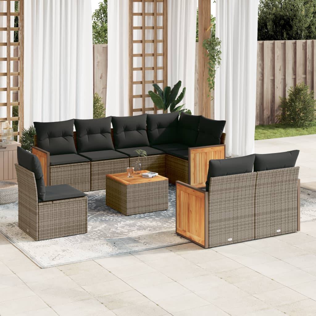 vidaXL 9-teiliges Gartensofa-Set mit Kissen, grau, Polyrattan