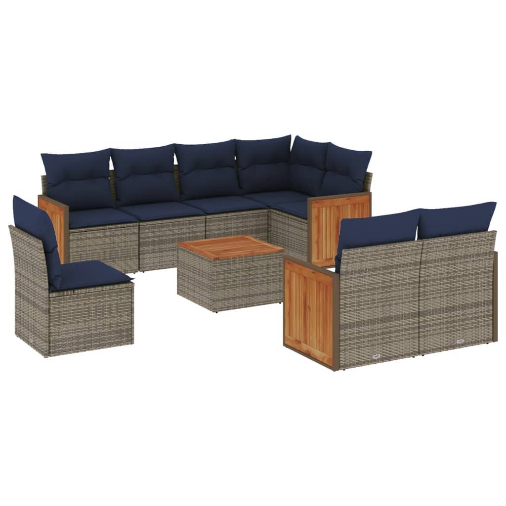 vidaXL 9-teiliges Gartensofa-Set mit Kissen, grau, Polyrattan