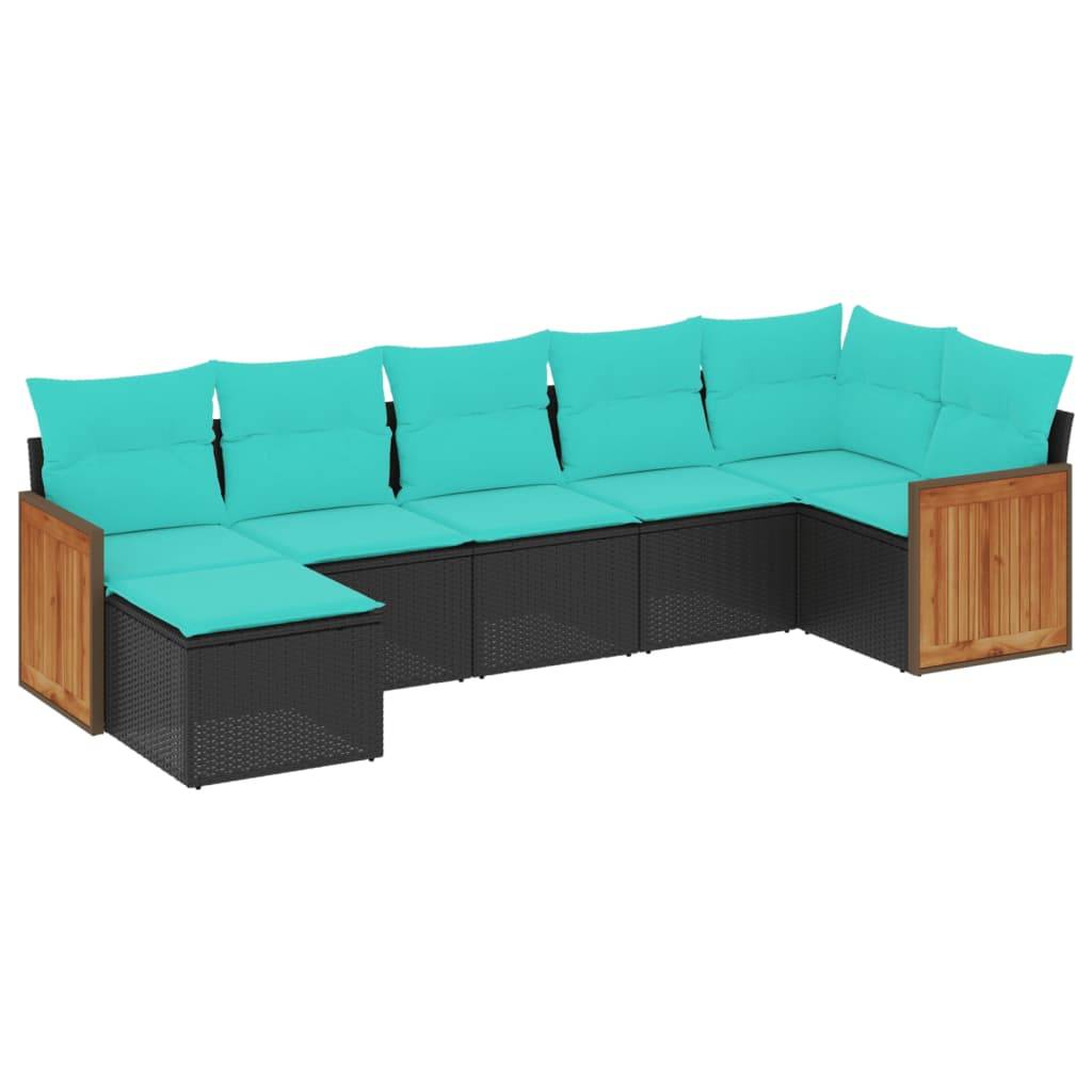 vidaXL 7-teiliges Gartensofa-Set mit Kissen, schwarzes Polyrattan