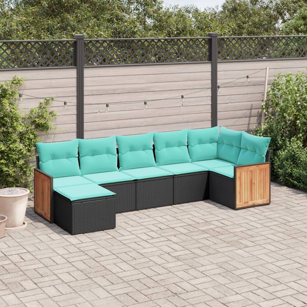 vidaXL 7-teiliges Gartensofa-Set mit Kissen, schwarzes Polyrattan