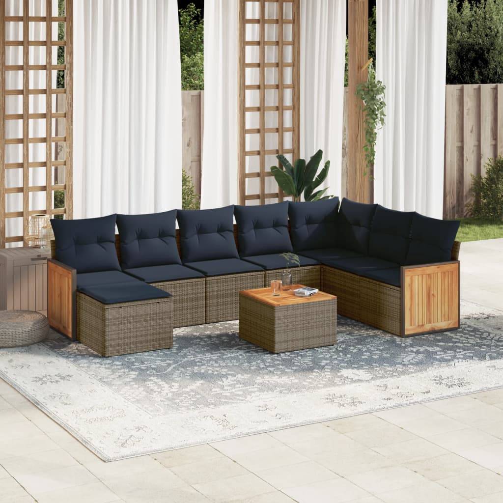 vidaXL 9-teiliges Gartensofa-Set mit Kissen, grau, Polyrattan