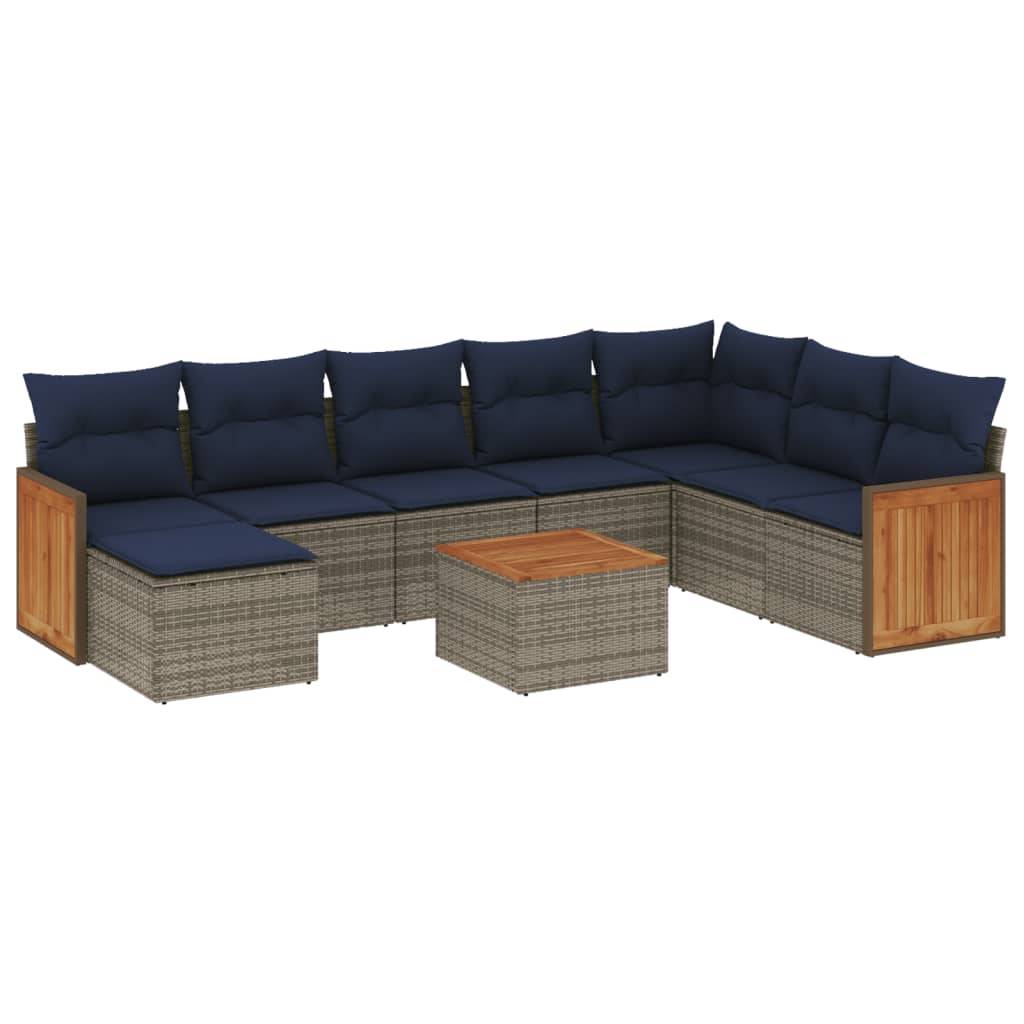 vidaXL 9-teiliges Gartensofa-Set mit Kissen, grau, Polyrattan
