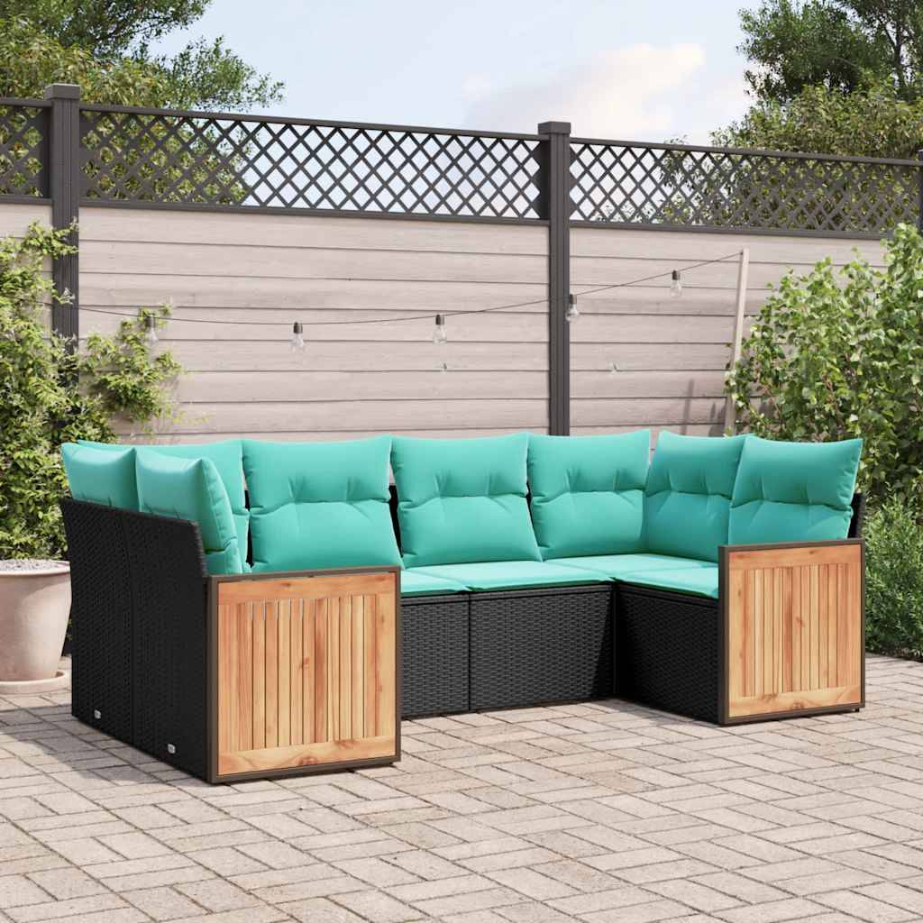 vidaXL 6-teiliges Gartensofa-Set mit Kissen, schwarzes Polyrattan