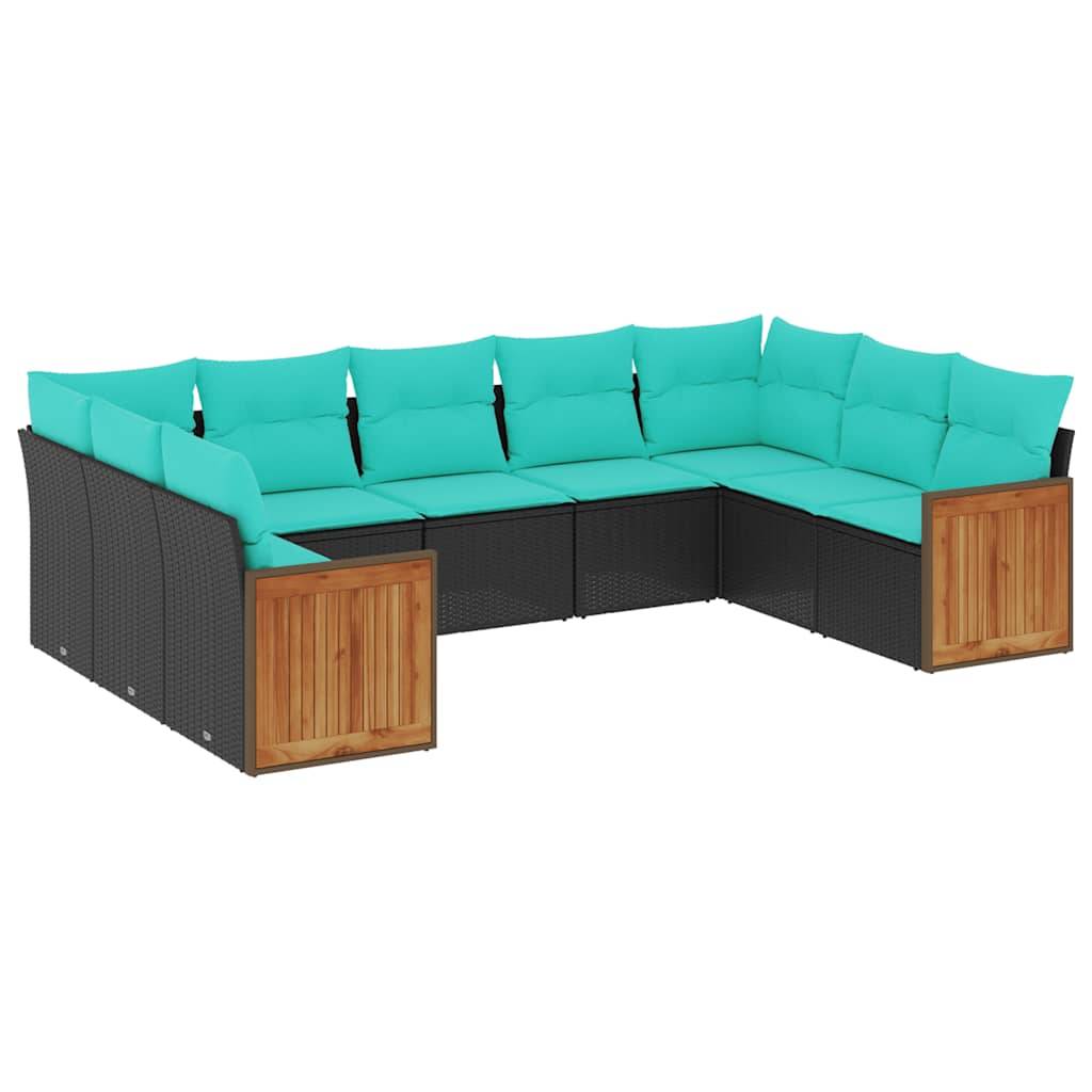 vidaXL 9-teiliges Gartensofa-Set mit Kissen, schwarzes Polyrattan