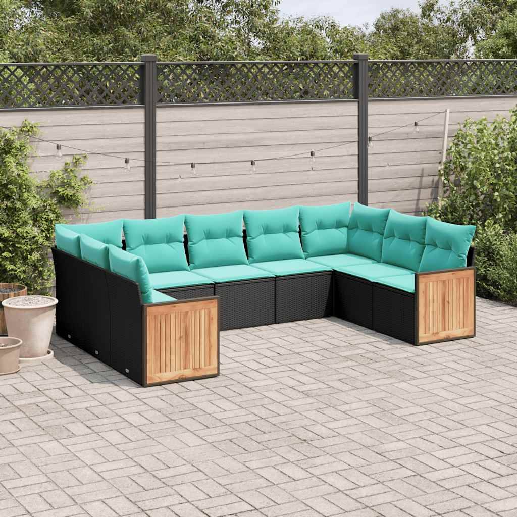 vidaXL 9-teiliges Gartensofa-Set mit Kissen, schwarzes Polyrattan