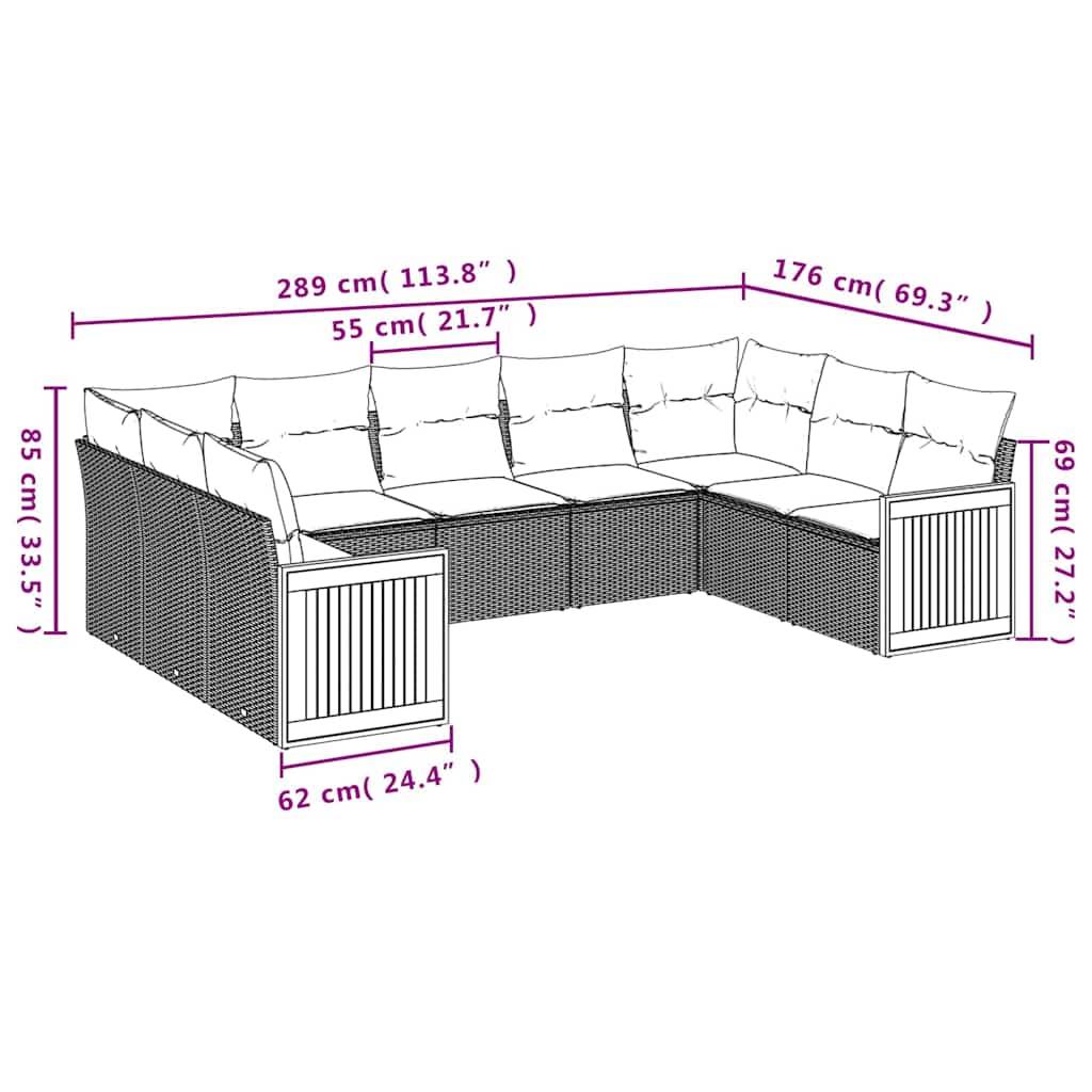 vidaXL 9-teiliges Gartensofa-Set mit Kissen, schwarzes Polyrattan