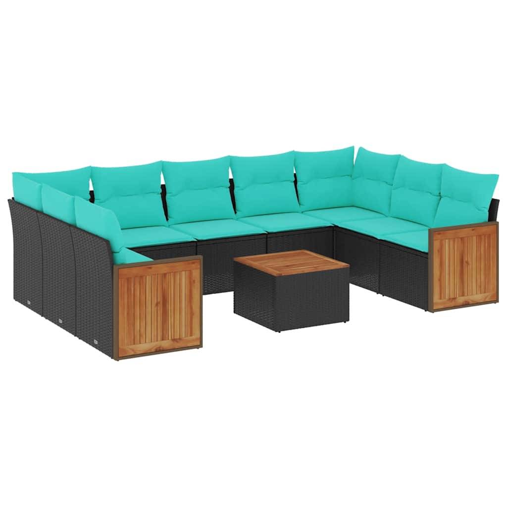 vidaXL 10-teiliges Gartensofa-Set mit Kissen, schwarzes Polyrattan
