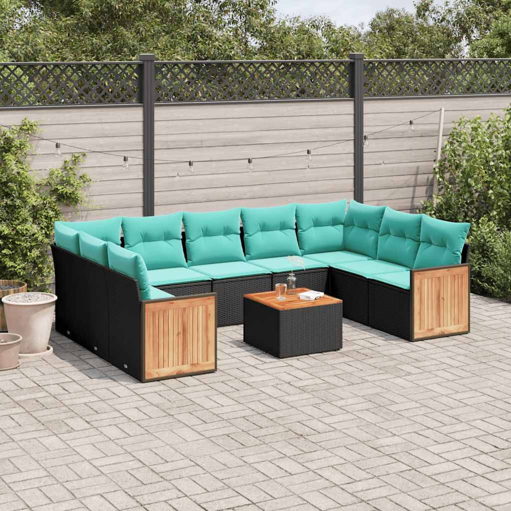 vidaXL 10-teiliges Gartensofa-Set mit Kissen, schwarzes Polyrattan
