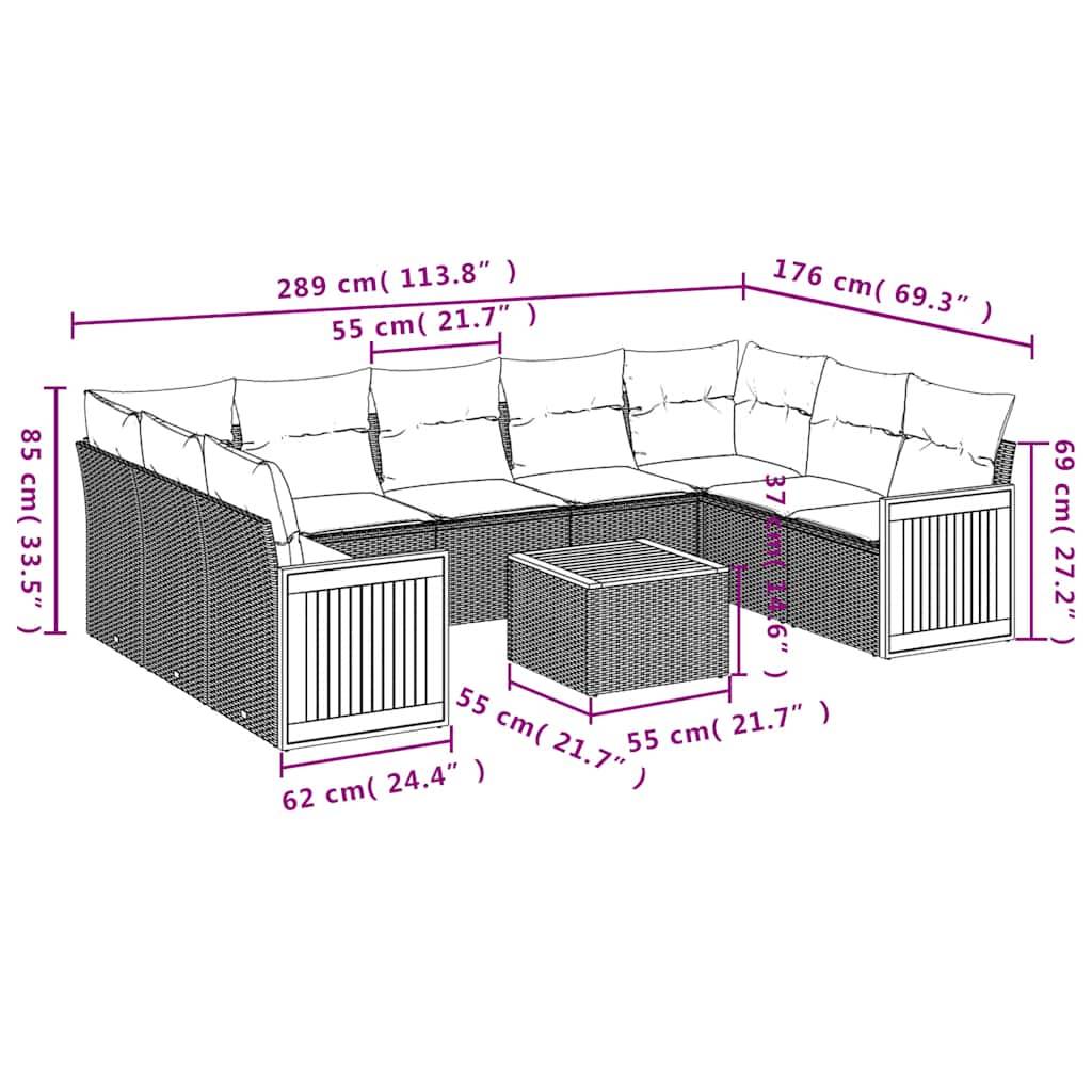 vidaXL 10-teiliges Gartensofa-Set mit Kissen, schwarzes Polyrattan