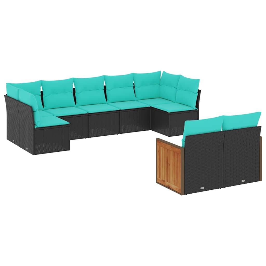 vidaXL 9-teiliges Gartensofa-Set mit Kissen, schwarzes Polyrattan