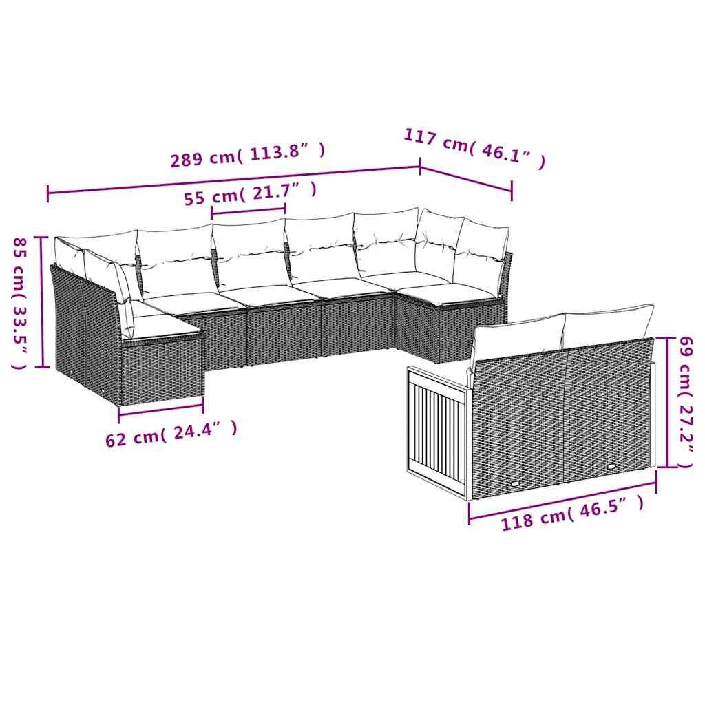 vidaXL 9-teiliges Gartensofa-Set mit Kissen, schwarzes Polyrattan