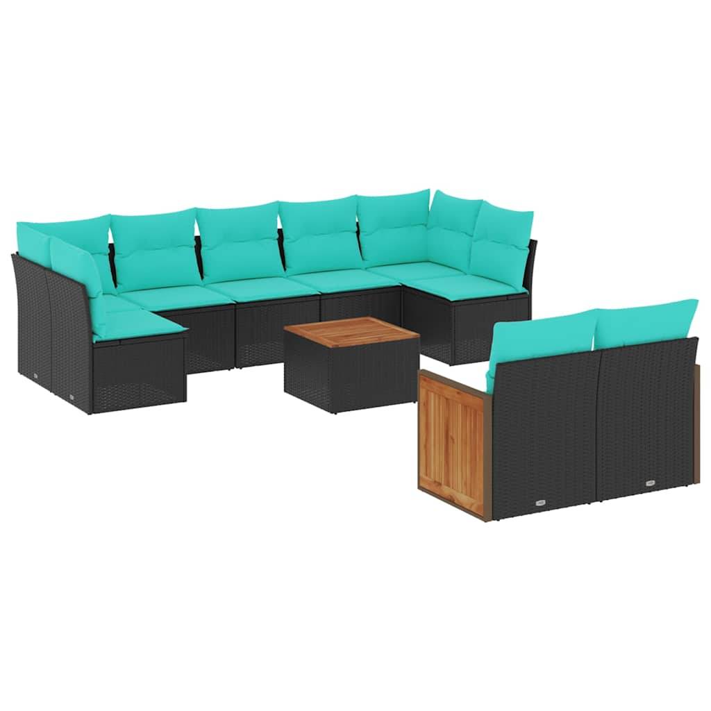 vidaXL 10-teiliges Gartensofa-Set mit Kissen, schwarzes Polyrattan