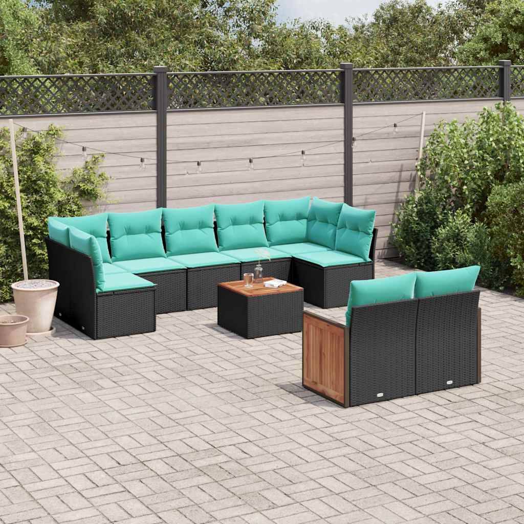 vidaXL 10-teiliges Gartensofa-Set mit Kissen, schwarzes Polyrattan