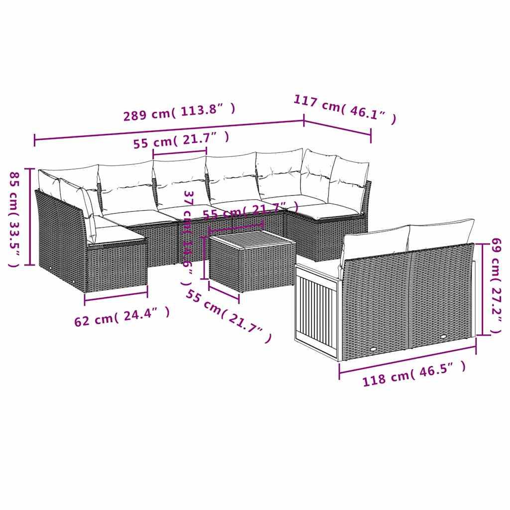 vidaXL 10-teiliges Gartensofa-Set mit Kissen, schwarzes Polyrattan