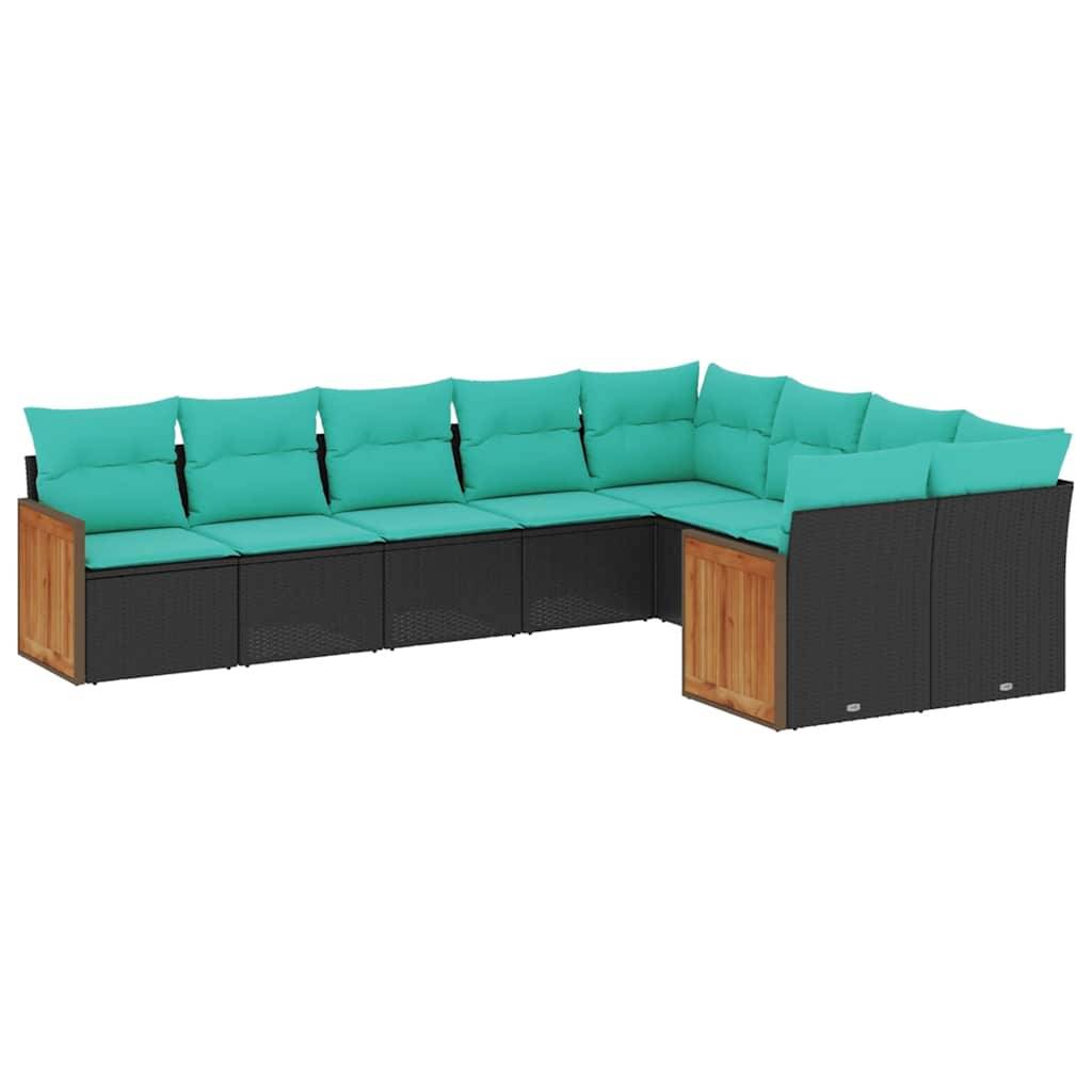 vidaXL 9-teiliges Gartensofa-Set mit Kissen, schwarzes Polyrattan