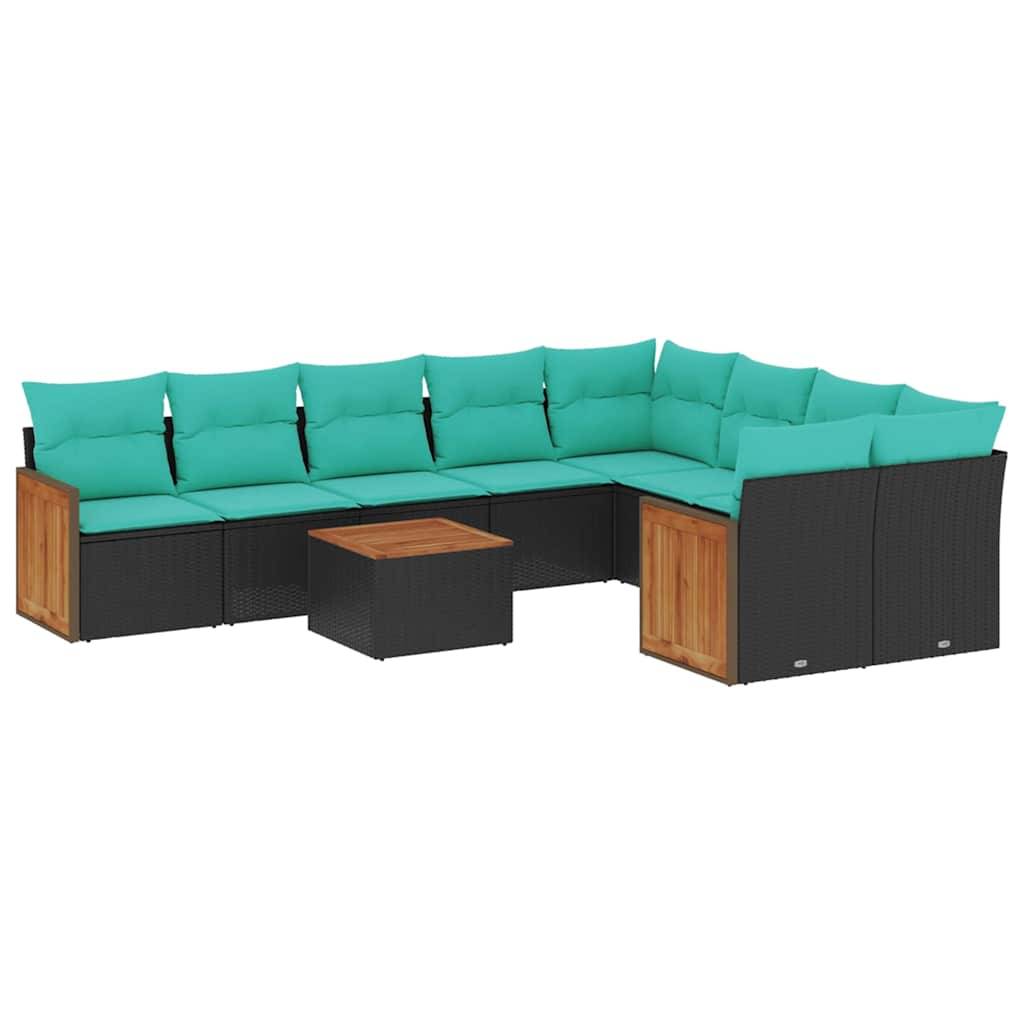 vidaXL 10-teiliges Gartensofa-Set mit Kissen, schwarzes Polyrattan