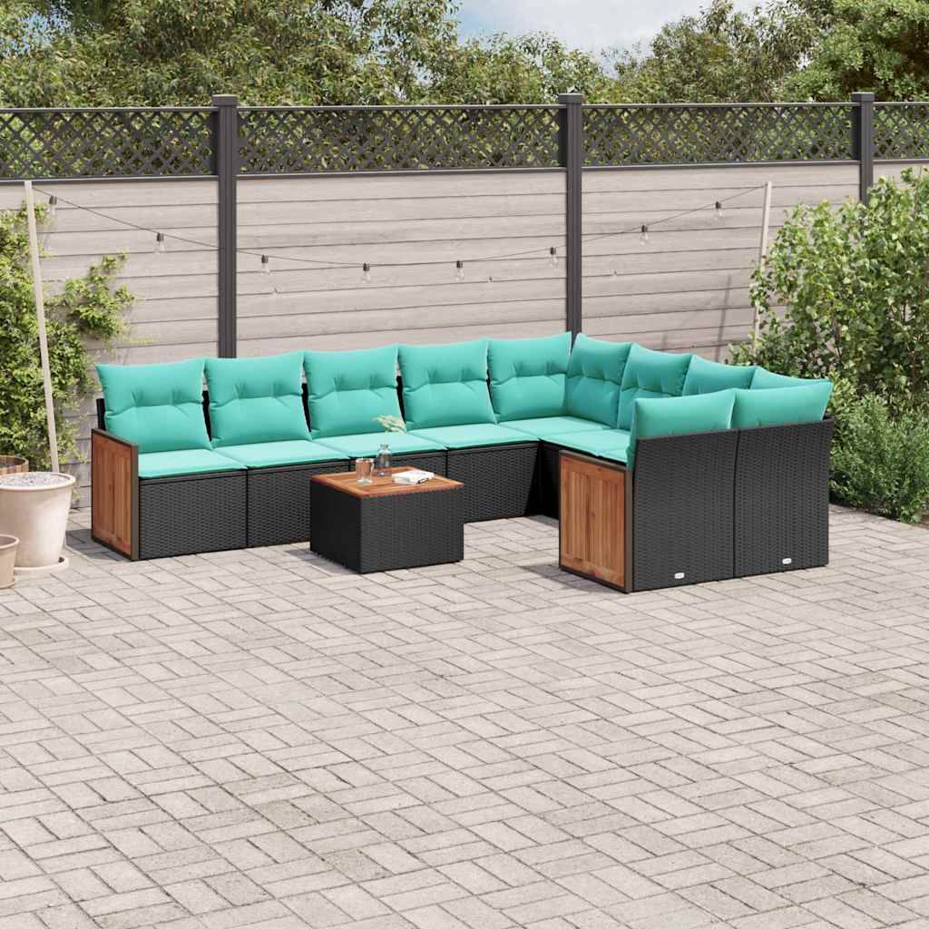 vidaXL 10-teiliges Gartensofa-Set mit Kissen, schwarzes Polyrattan