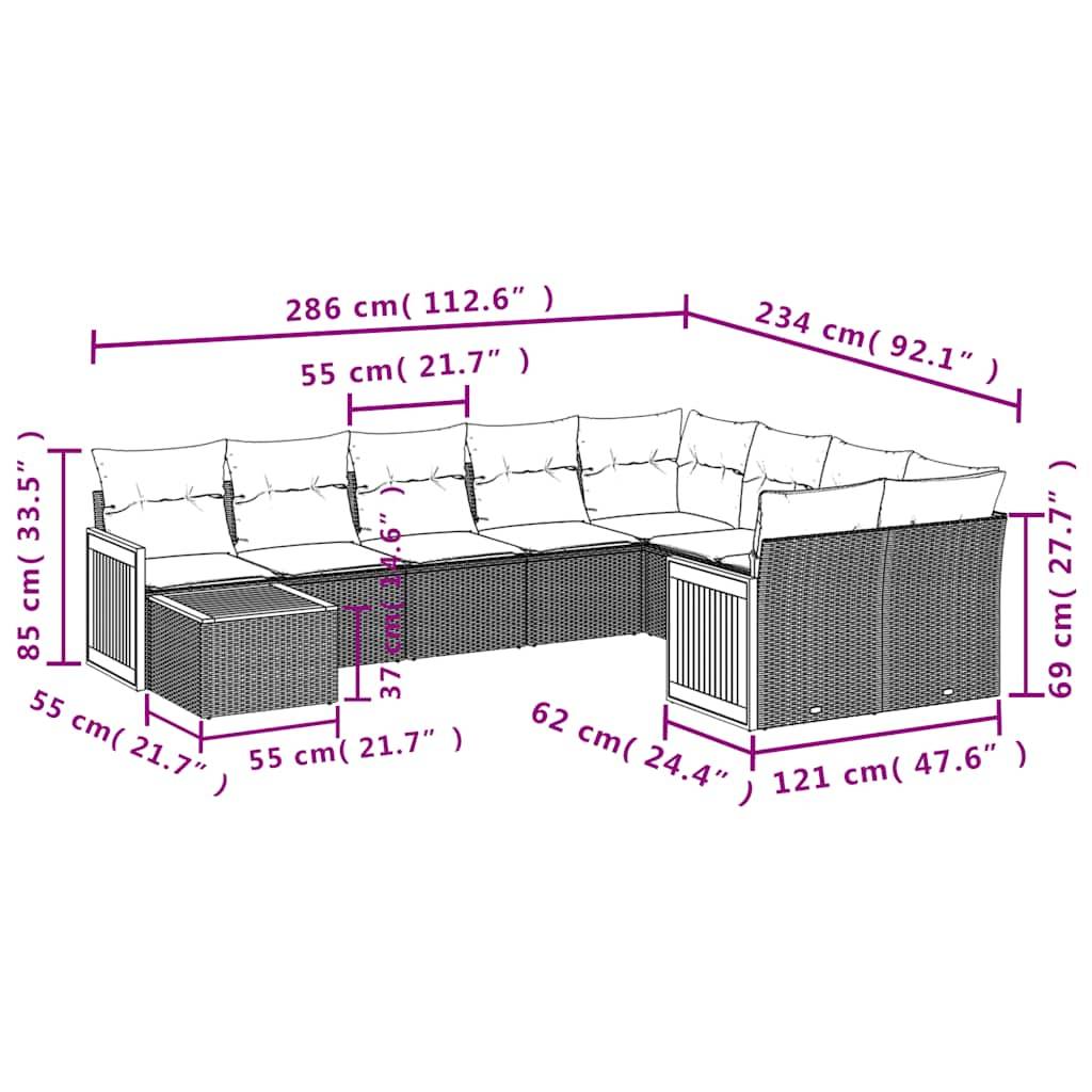 vidaXL 10-teiliges Gartensofa-Set mit Kissen, schwarzes Polyrattan