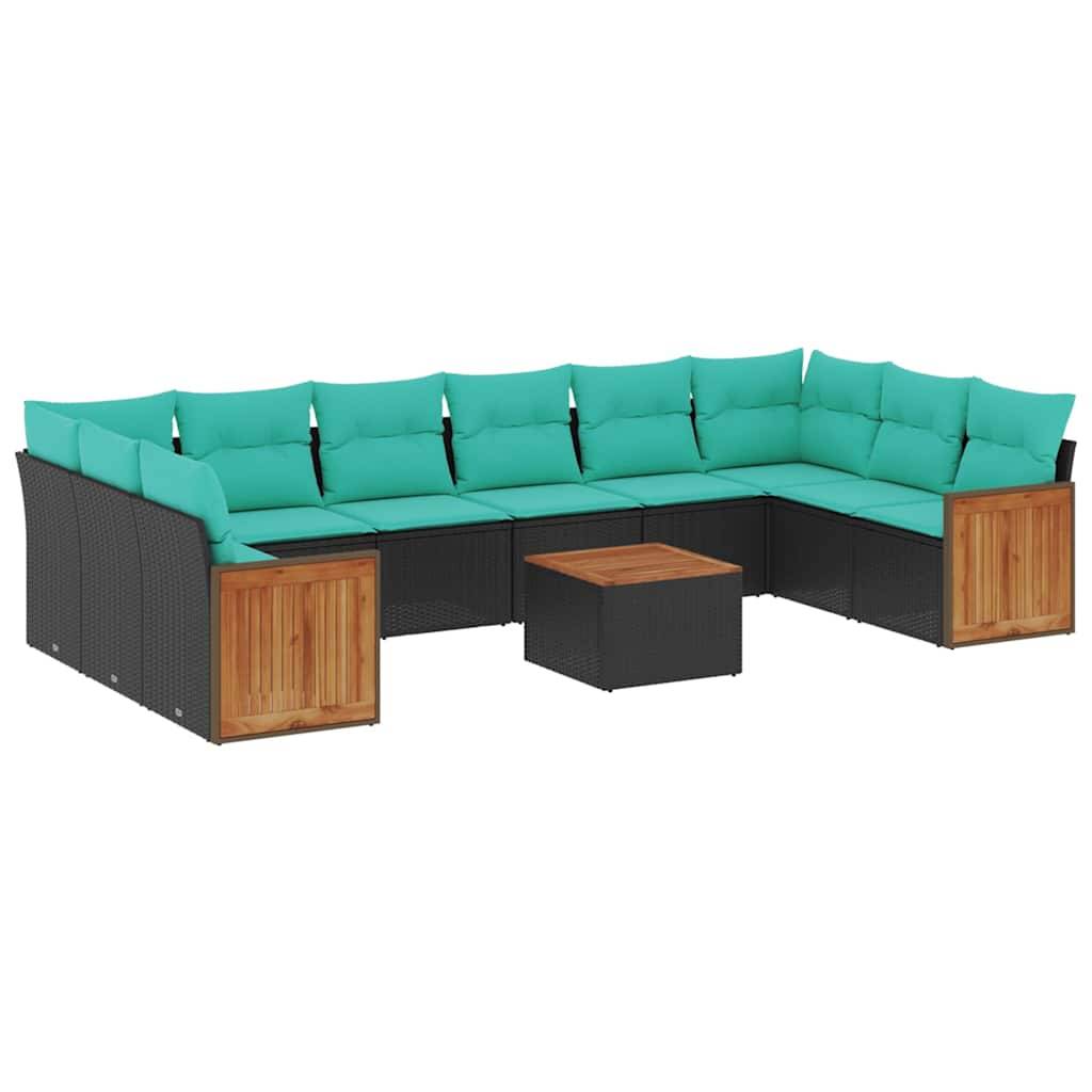 vidaXL 11-teiliges Gartensofa-Set mit Kissen, schwarzes Polyrattan