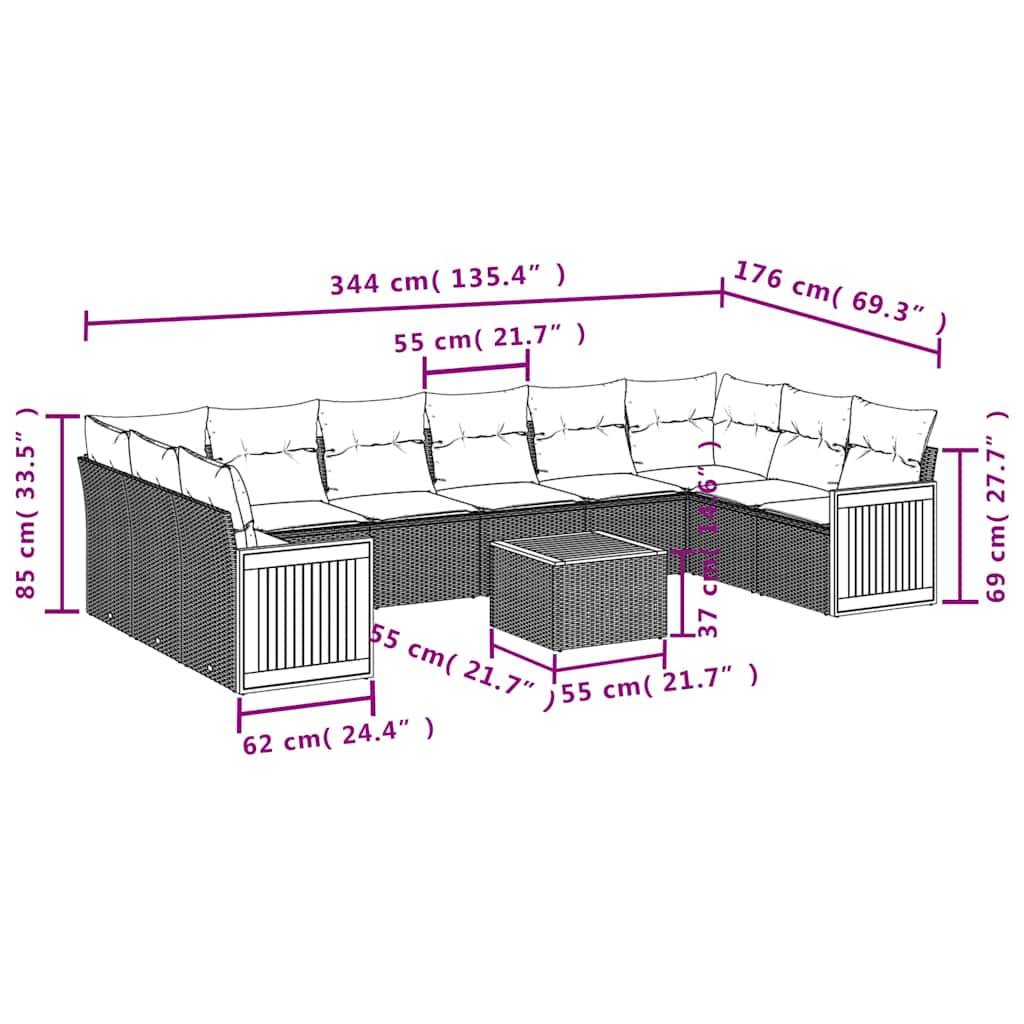 vidaXL 11-teiliges Gartensofa-Set mit Kissen, schwarzes Polyrattan