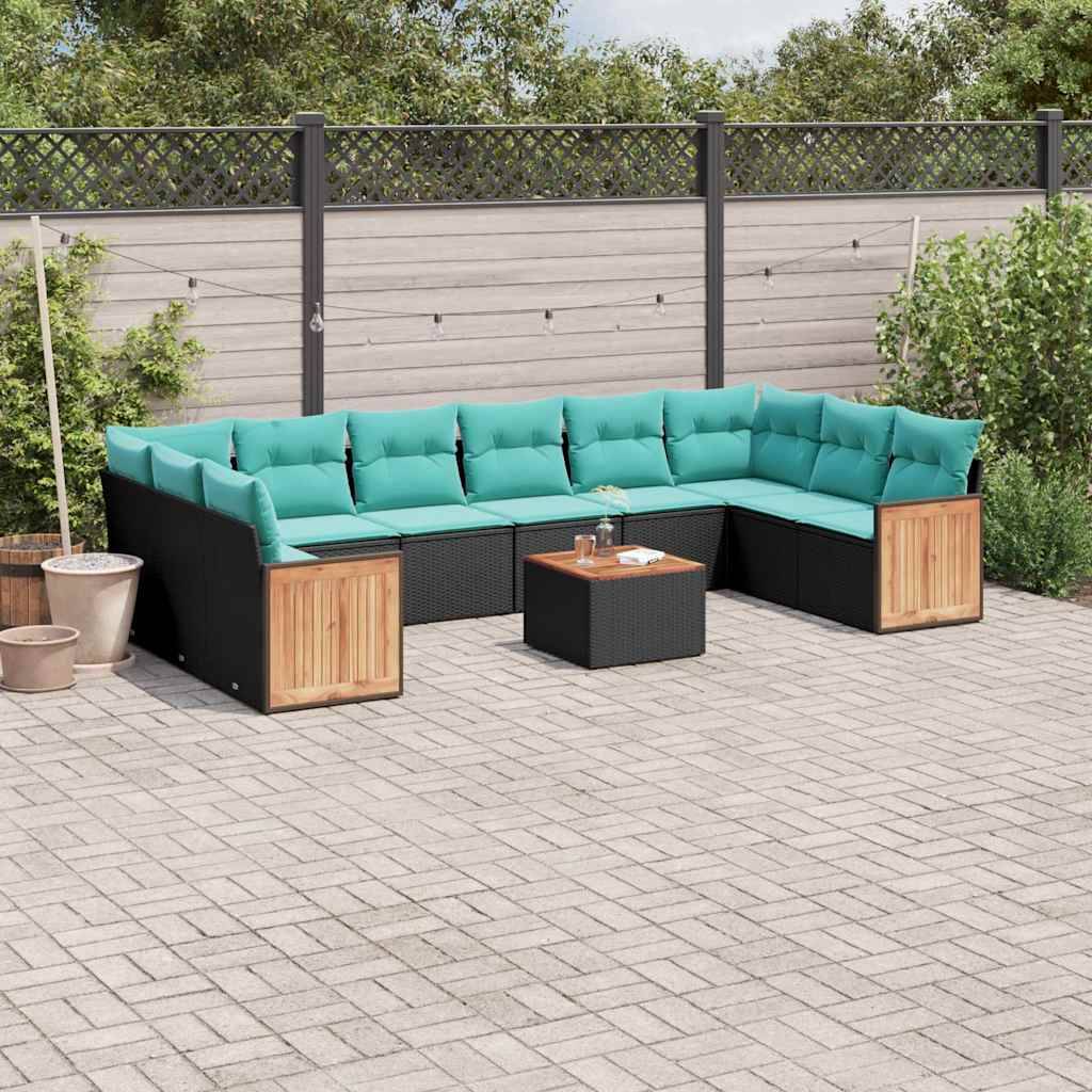 vidaXL 11-teiliges Gartensofa-Set mit Kissen, schwarzes Polyrattan