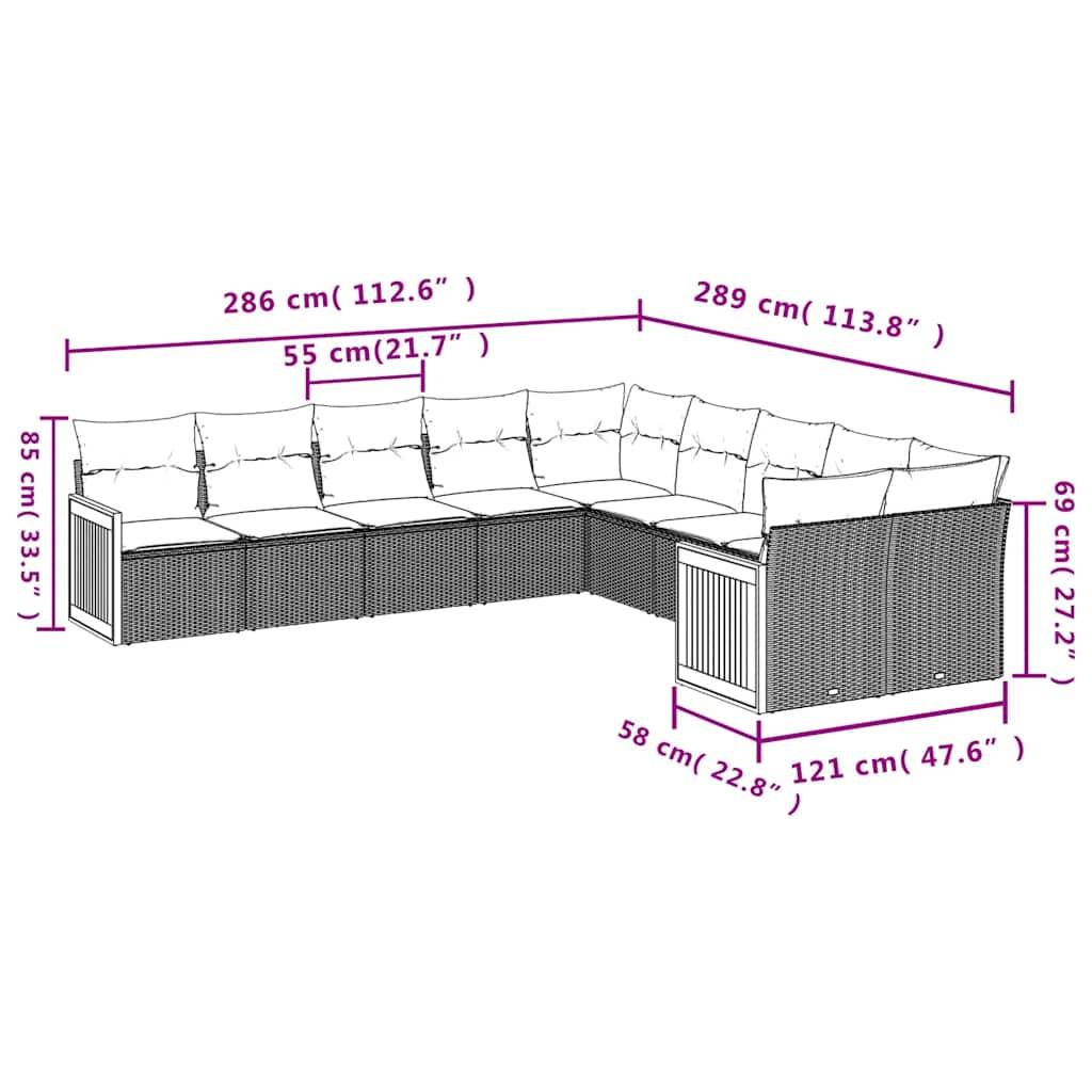 vidaXL 10-teiliges Gartensofa-Set mit Kissen, schwarzes Polyrattan