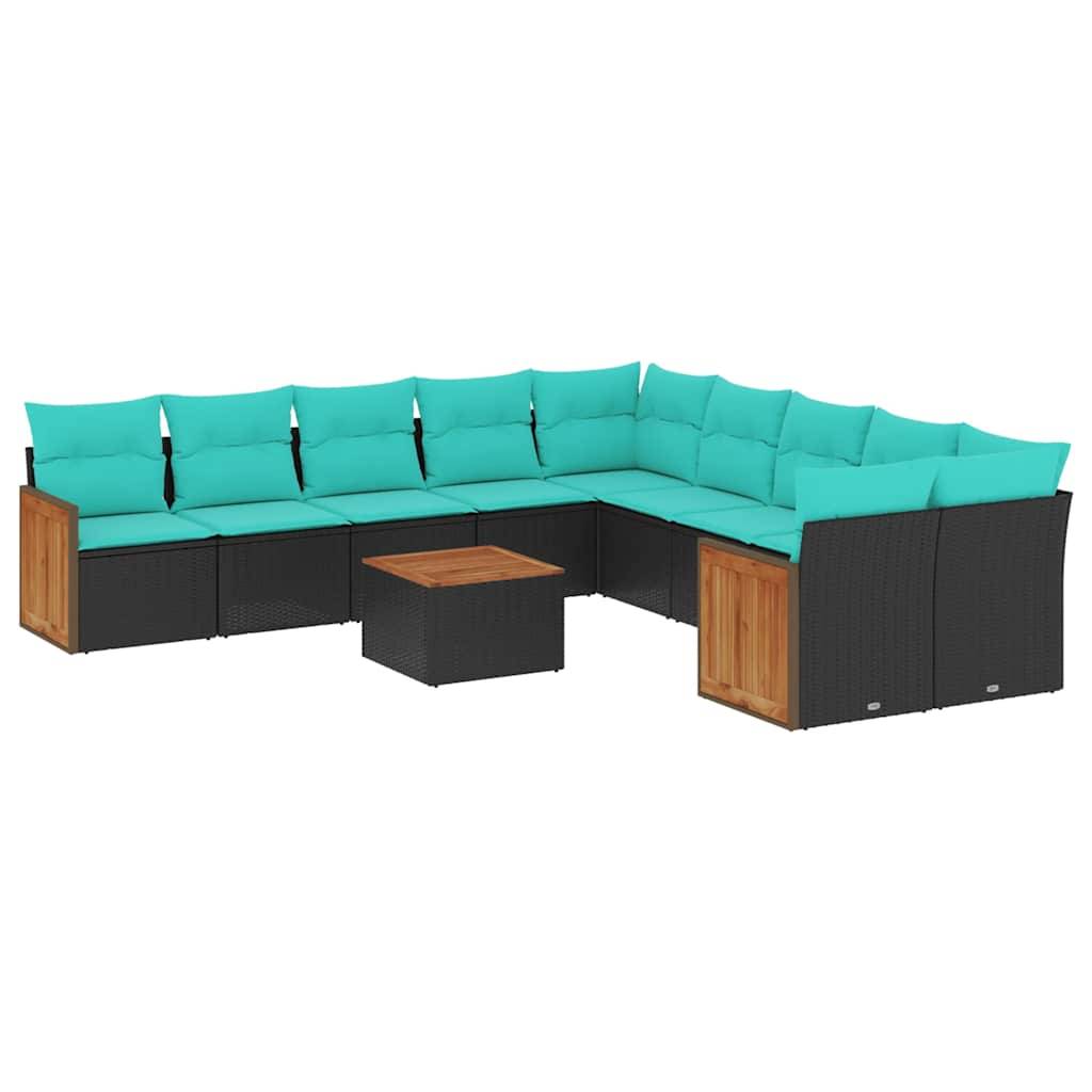 vidaXL 11-teiliges Gartensofa-Set mit Kissen, schwarzes Polyrattan