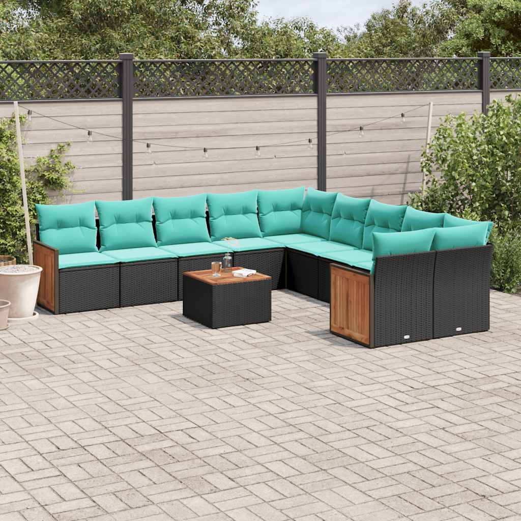 vidaXL 11-teiliges Gartensofa-Set mit Kissen, schwarzes Polyrattan