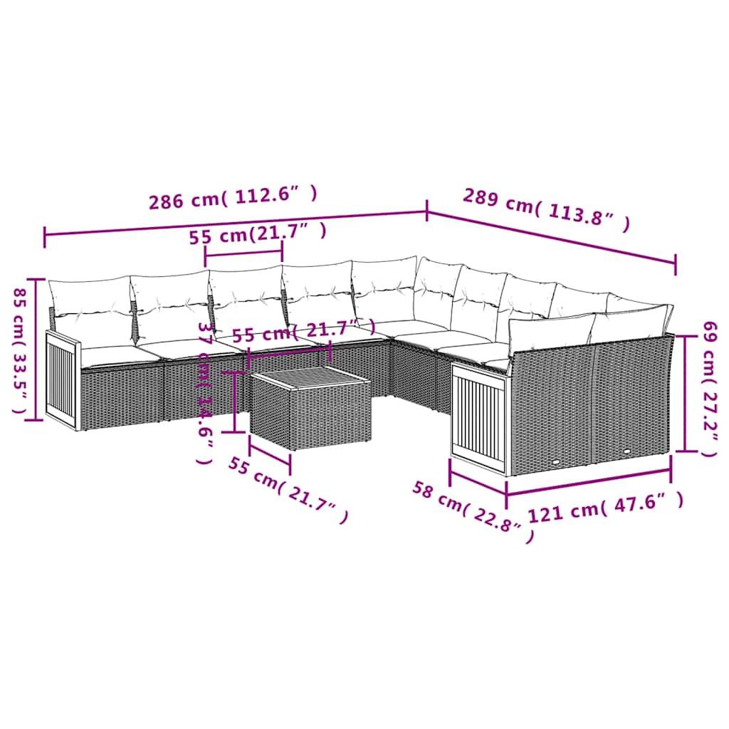 vidaXL 11-teiliges Gartensofa-Set mit Kissen, schwarzes Polyrattan