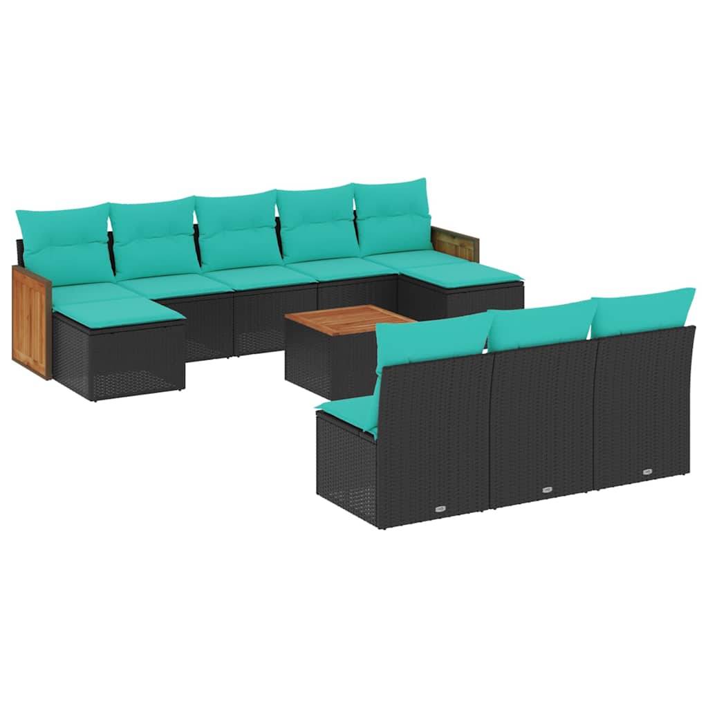 vidaXL 11-teiliges Gartensofa-Set mit Kissen, schwarzes Polyrattan