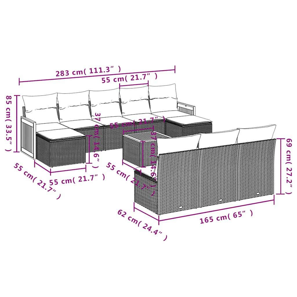 vidaXL 11-teiliges Gartensofa-Set mit Kissen, schwarzes Polyrattan