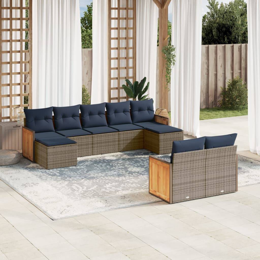 vidaXL 9-teiliges Gartensofa-Set mit Kissen, grau, Polyrattan